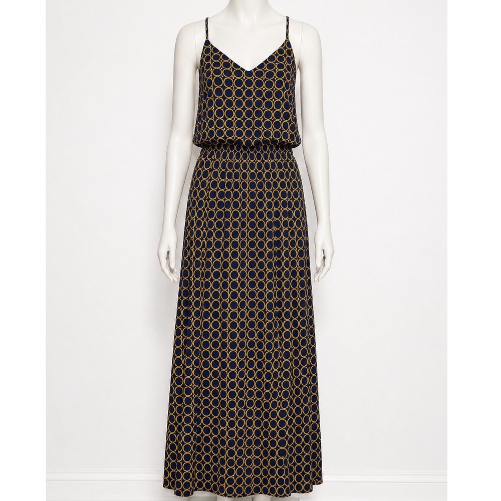 Banana Republic Navy Yellow Chain Link Maxi Dress Size 0 Sleeveless V-Neck New